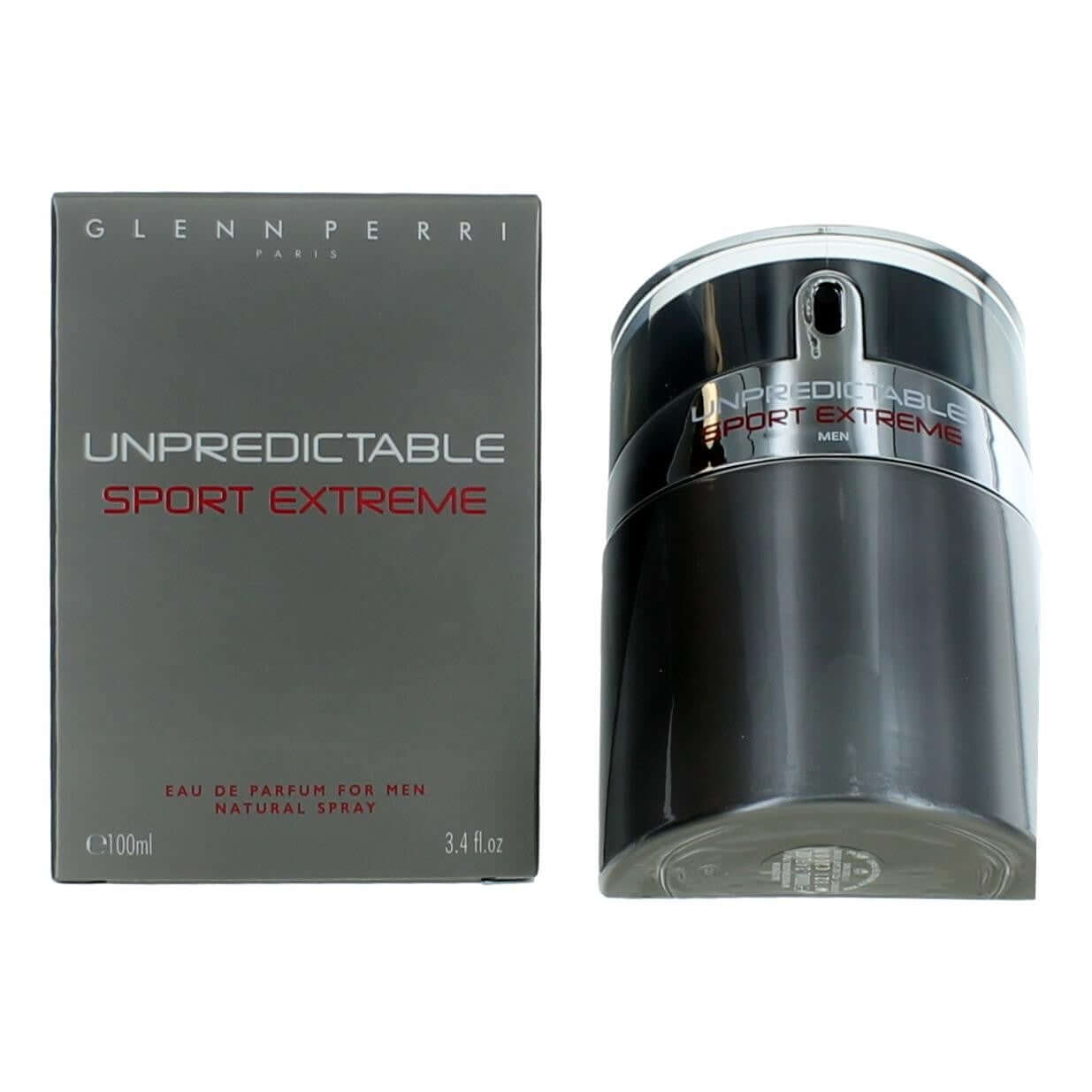 Unpredictable Sport Extreme by Glenn Perri, 3.4 oz EDP Spray for Men in a sleek bottle and packaging.