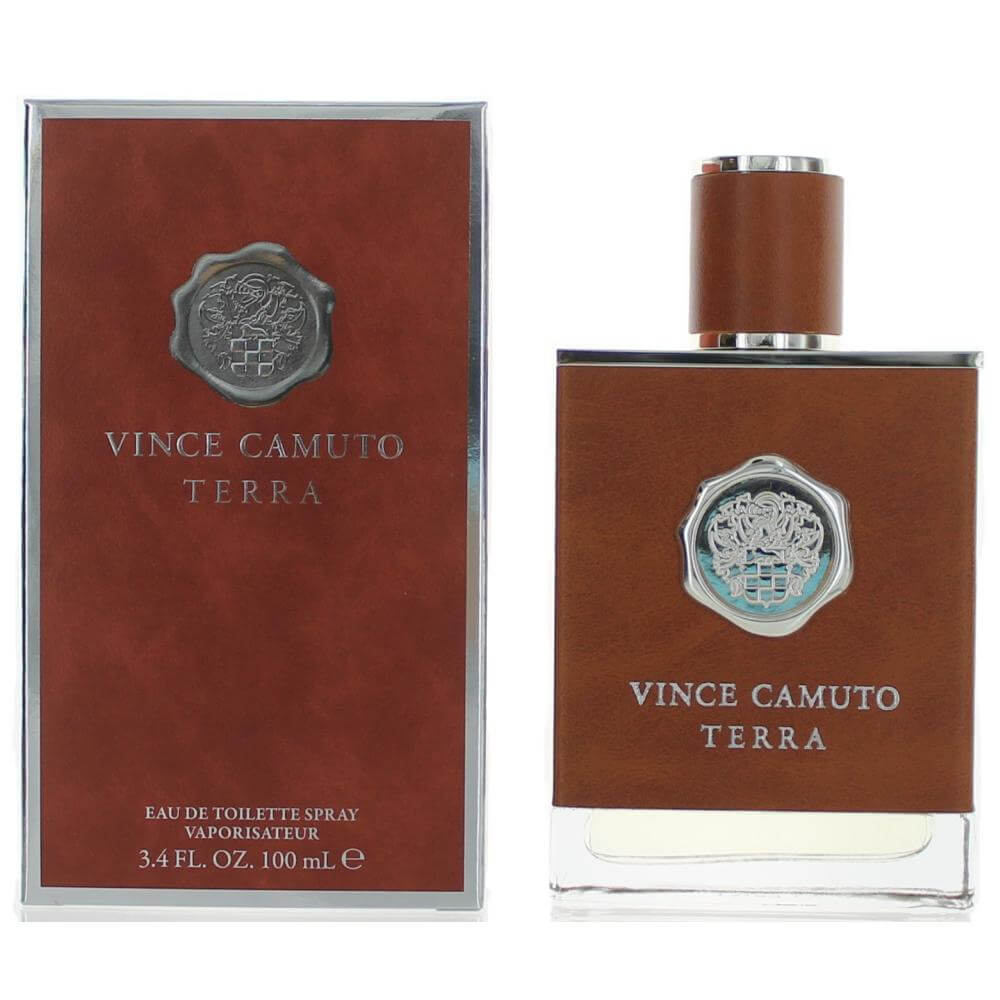 Men's EDT spray, Vince Camuto Terra: brown bottle with silver cap and box
