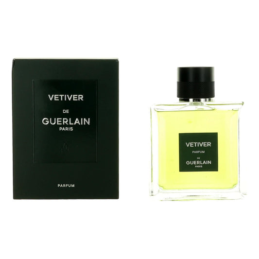 Vetiver de Guerlain parfum spray: clear bottle with dark green cap and matching gift box