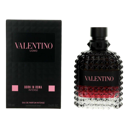 Valentino Uomo Born in Roma Intense EDP spray bottle with black geometric cap and box