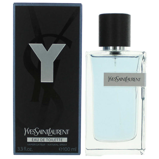 Y by Yves Saint Laurent men’s EDT spray bottle, black cap, clear light-blue liquid
