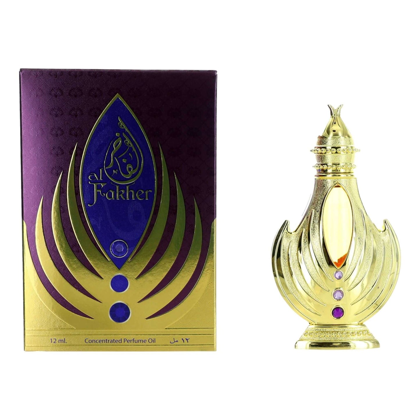 Al Fakher by Afnan, 0.40 oz Perfume Oil for Unisex in a golden bottle with purple box.