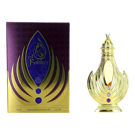 Al Fakher by Afnan, 0.40 oz Perfume Oil for Unisex in a golden bottle with purple box.