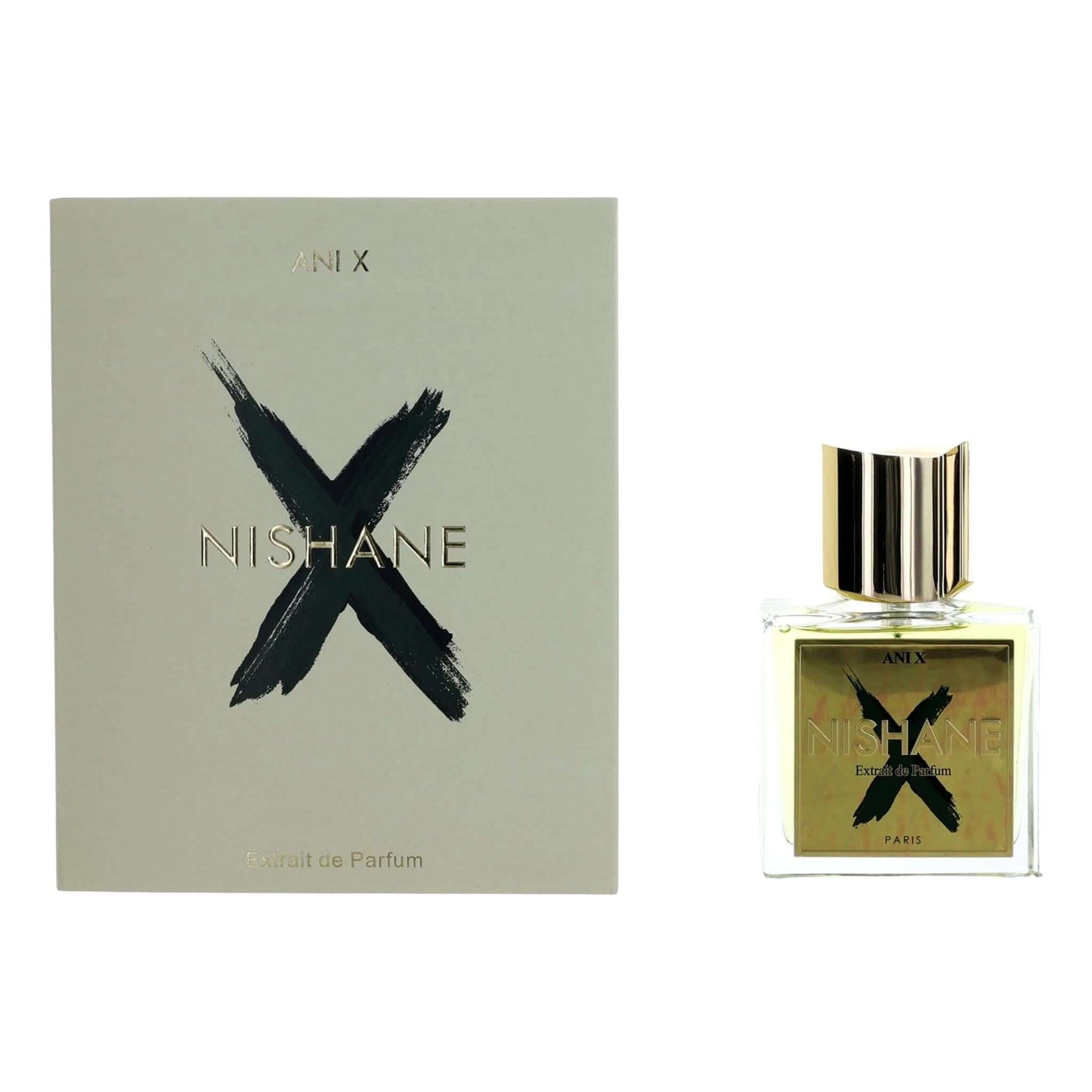 Nishane Ani X Extrait de Parfum bottle and box, clear glass with gold cap
