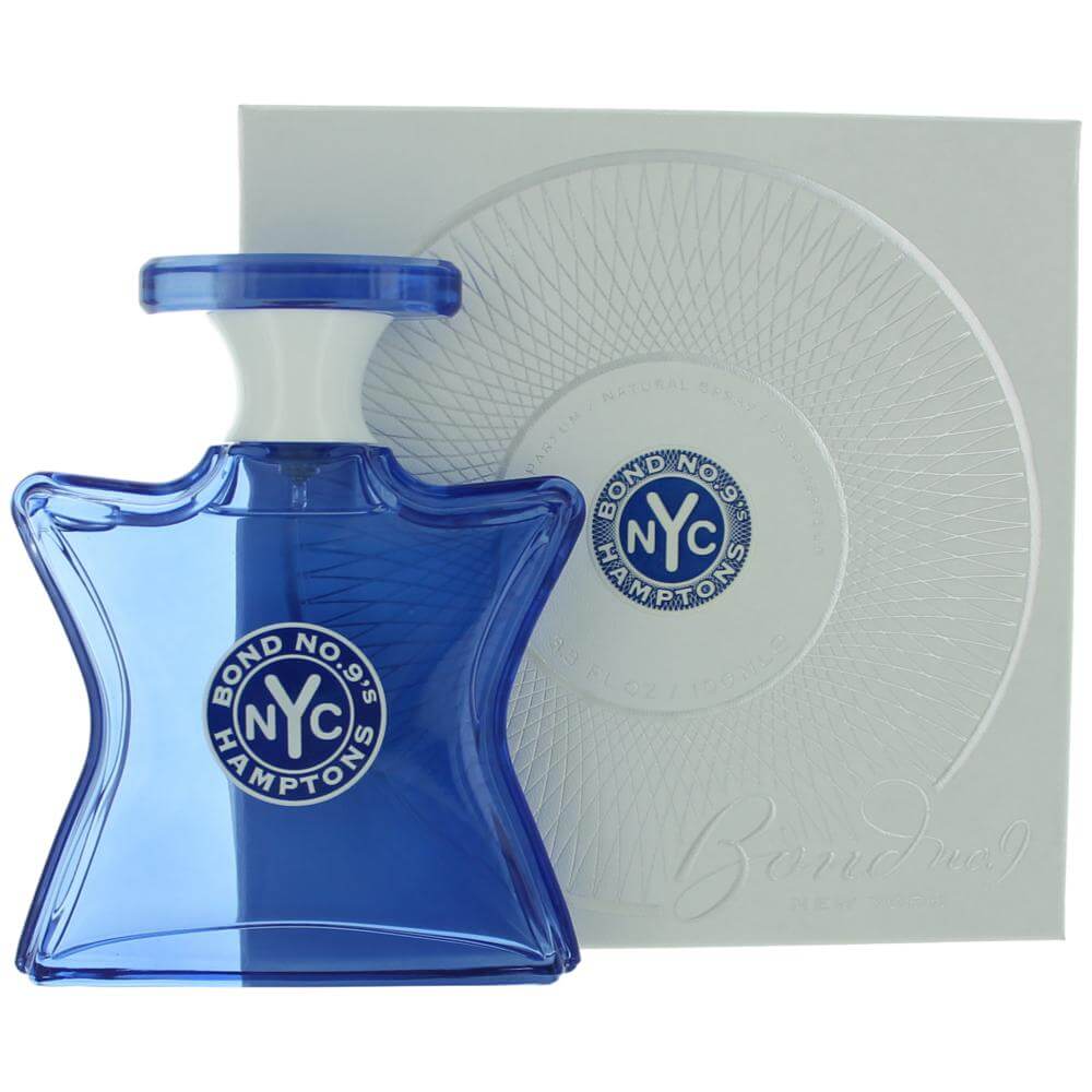 Blue glass EDP spray bottle with blue cap, Bond No. 9 Hamptons label, in box