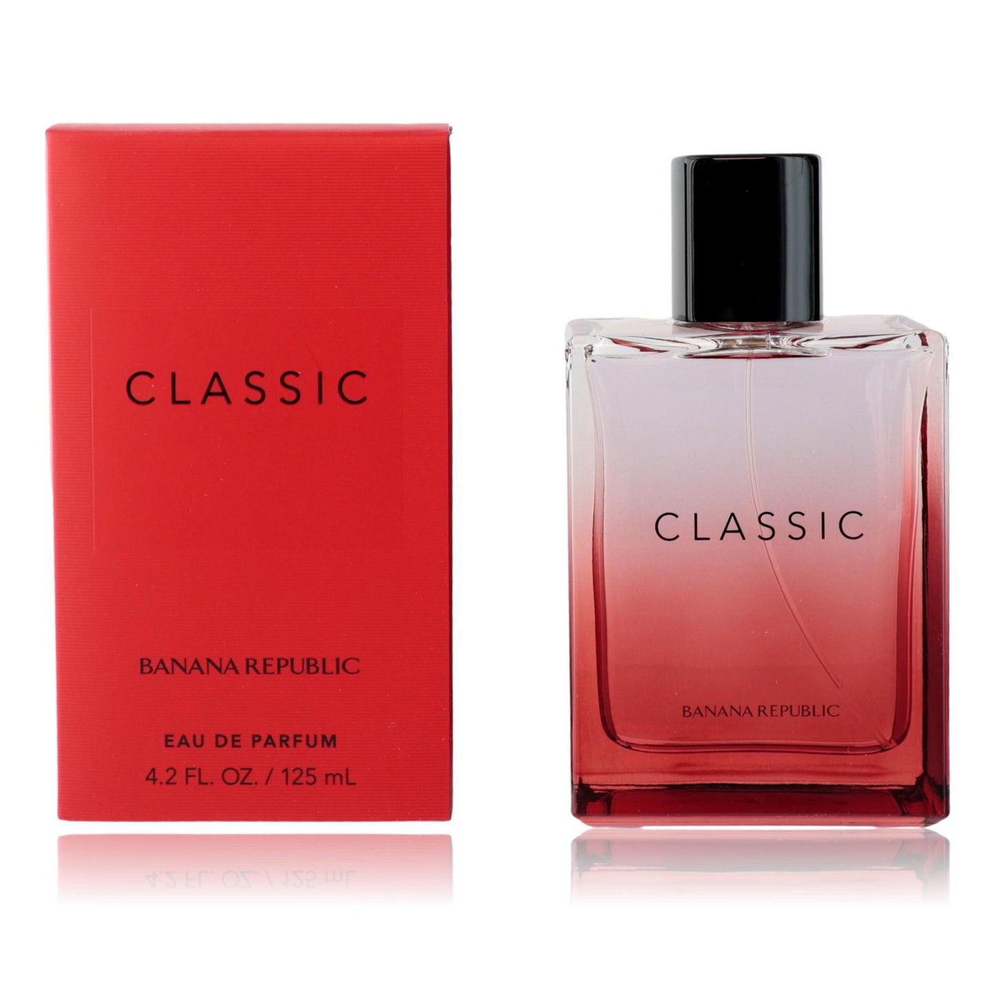 Classic red EDP spray in glass bottle with black cap and matching red box