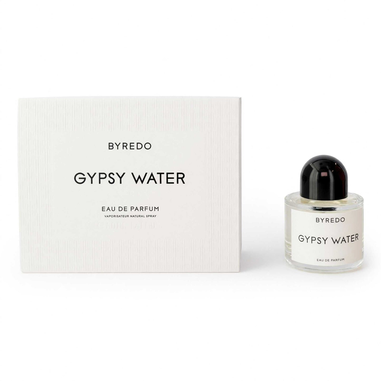Byredo Gypsy Water eau de parfum spray bottle with white box, clear glass and black cap