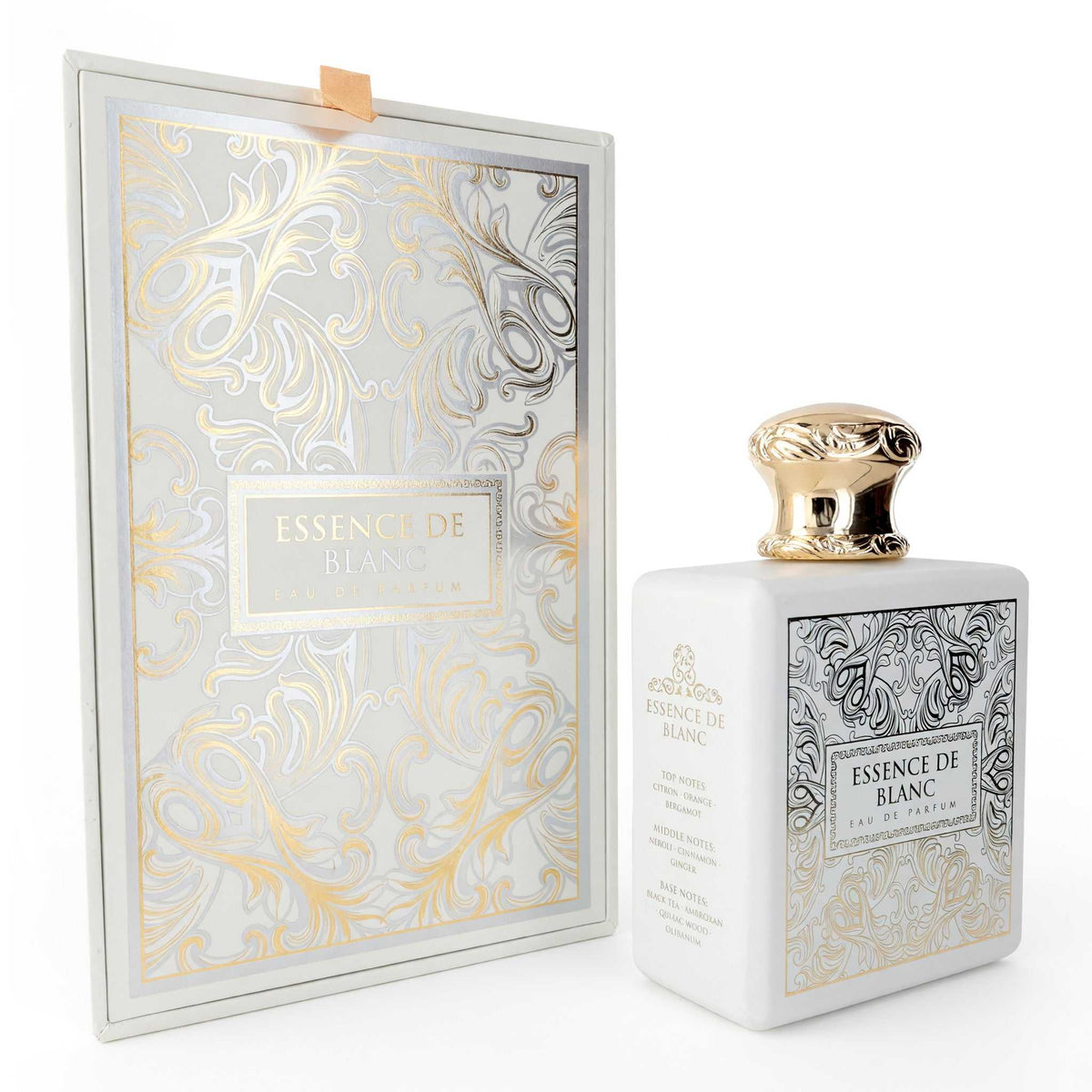 Unisex eau de parfum spray bottle with white and gold ornate packaging