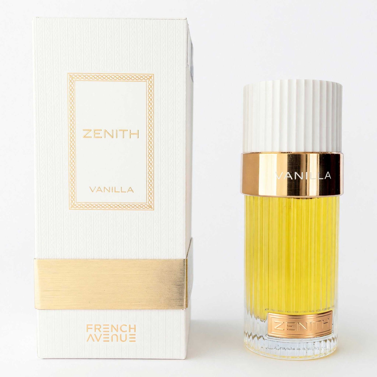 Vanilla EDP perfume bottle with gold band, ribbed glass, yellow liquid; matching box