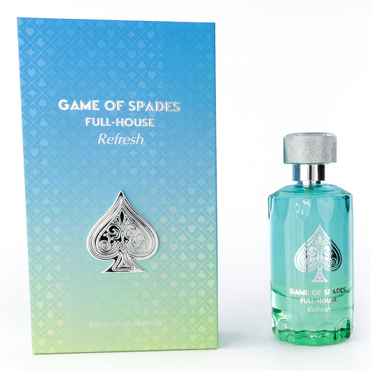 Unisex parfum spray bottle with aqua box labeled Game of Spades Full-House Refresh