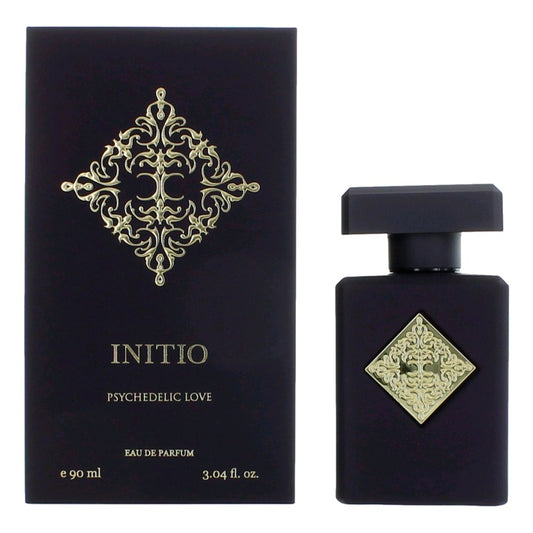 Unisex eau de parfum spray with box and dark bottle, gold emblem design