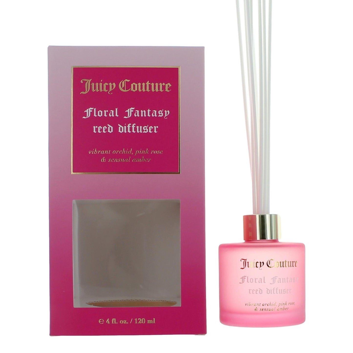 Juicy Couture Floral Fantasy reed diffuser with pink bottle and reed sticks