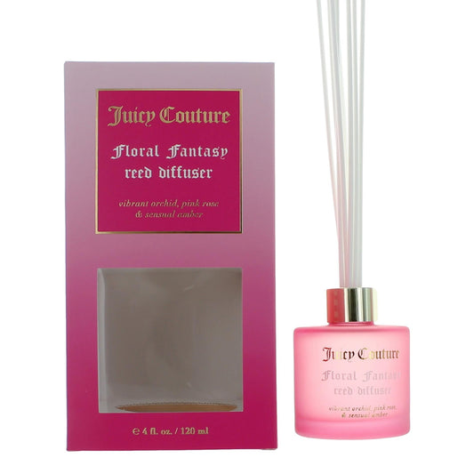 Juicy Couture Floral Fantasy reed diffuser with pink bottle and reed sticks