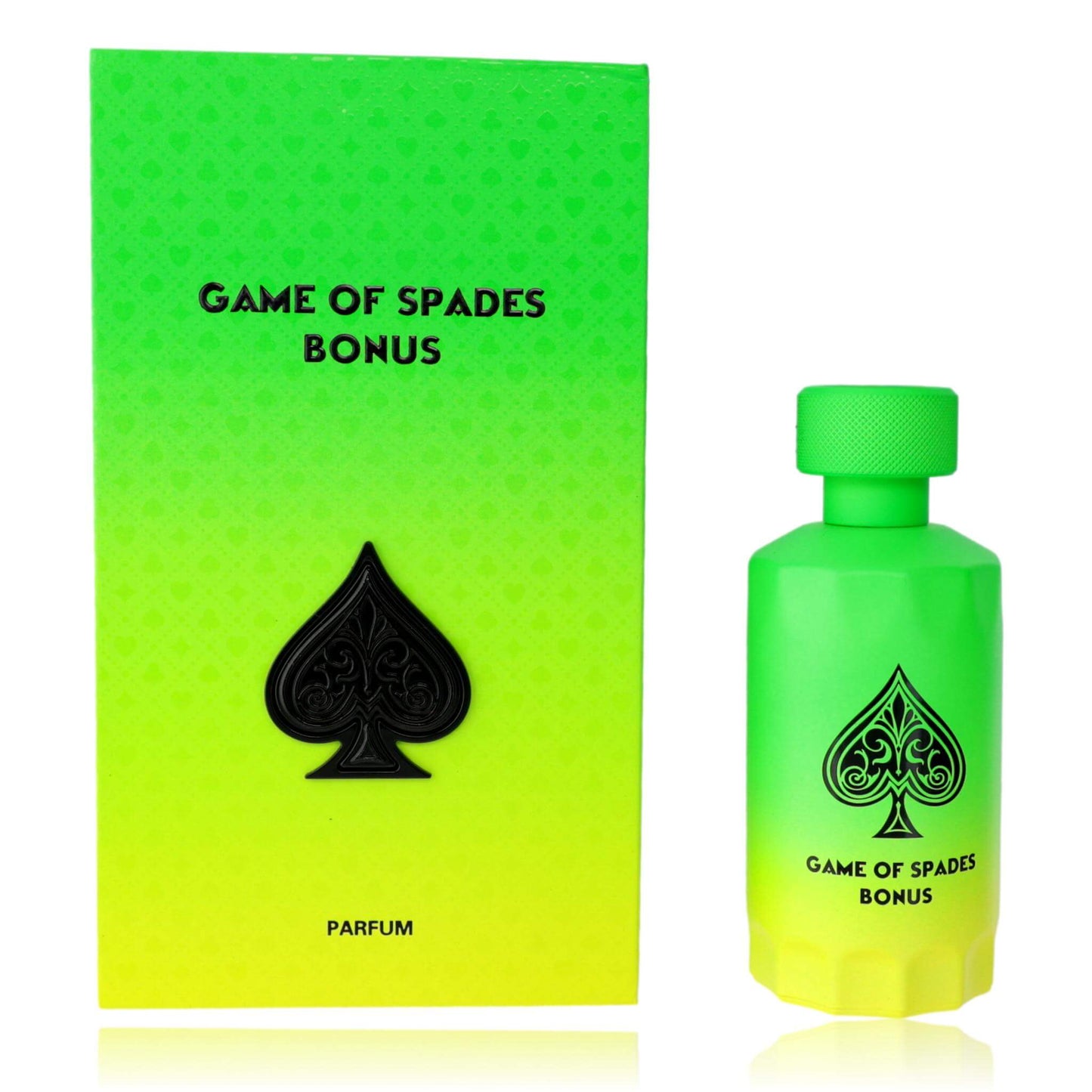 Unisex perfume spray bottle with green cap and green Game of Spades Bonus box