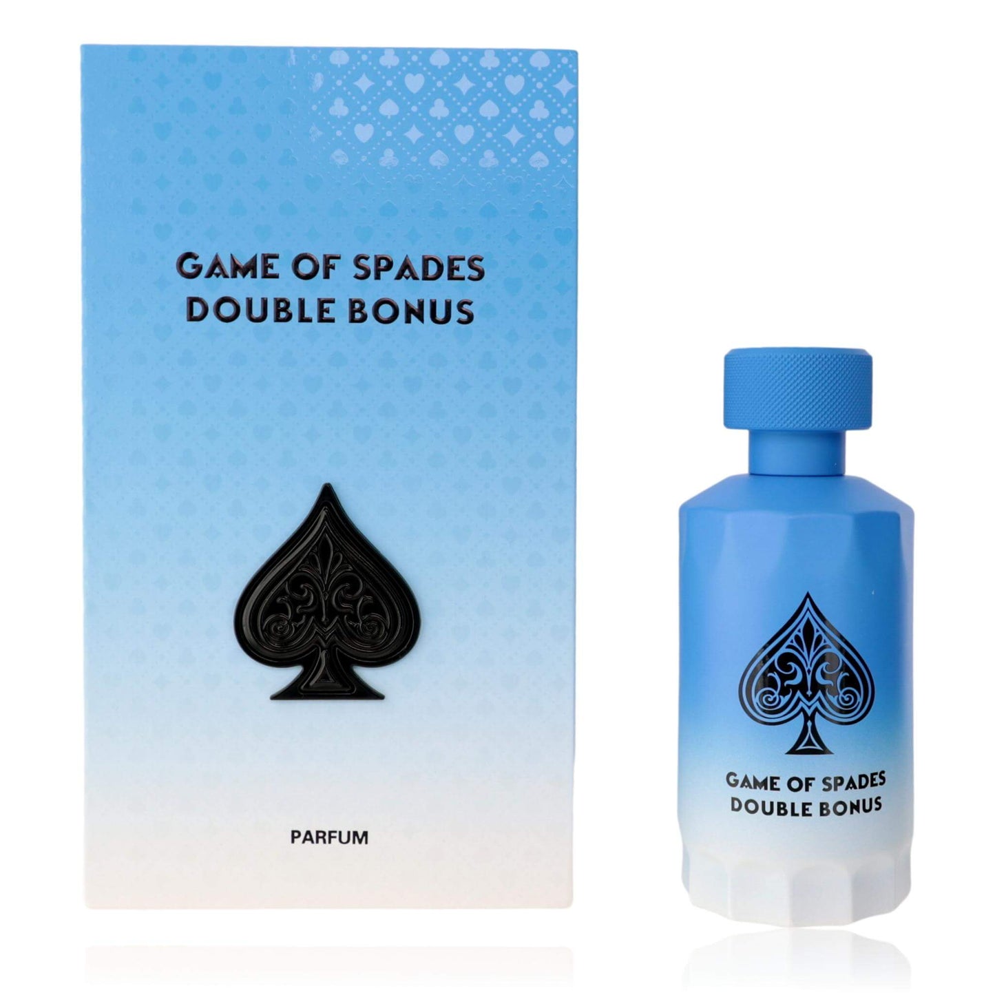 Blue parfum spray bottle with dark spade emblem and blue cap