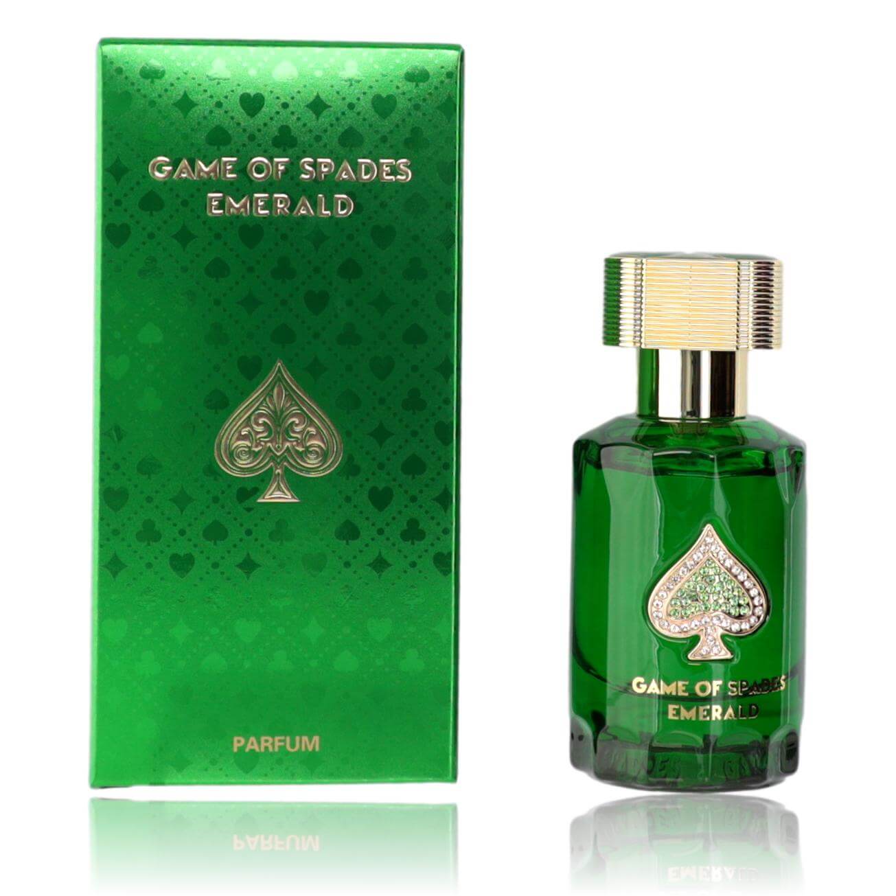 Jo Milano Game of Spades Emerald parfum bottle with matching green box, 1 oz