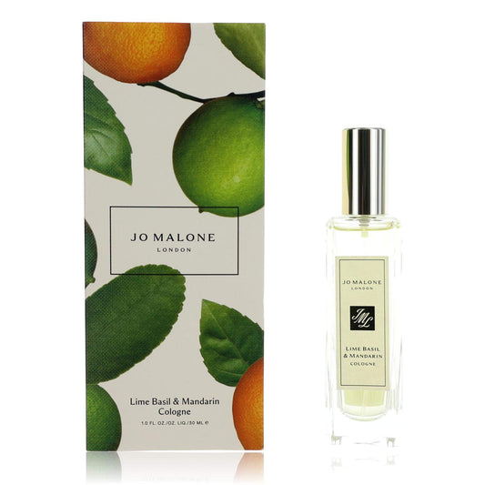 Jo Malone Lime Basil & Mandarin cologne packaging with a bottle on a white background