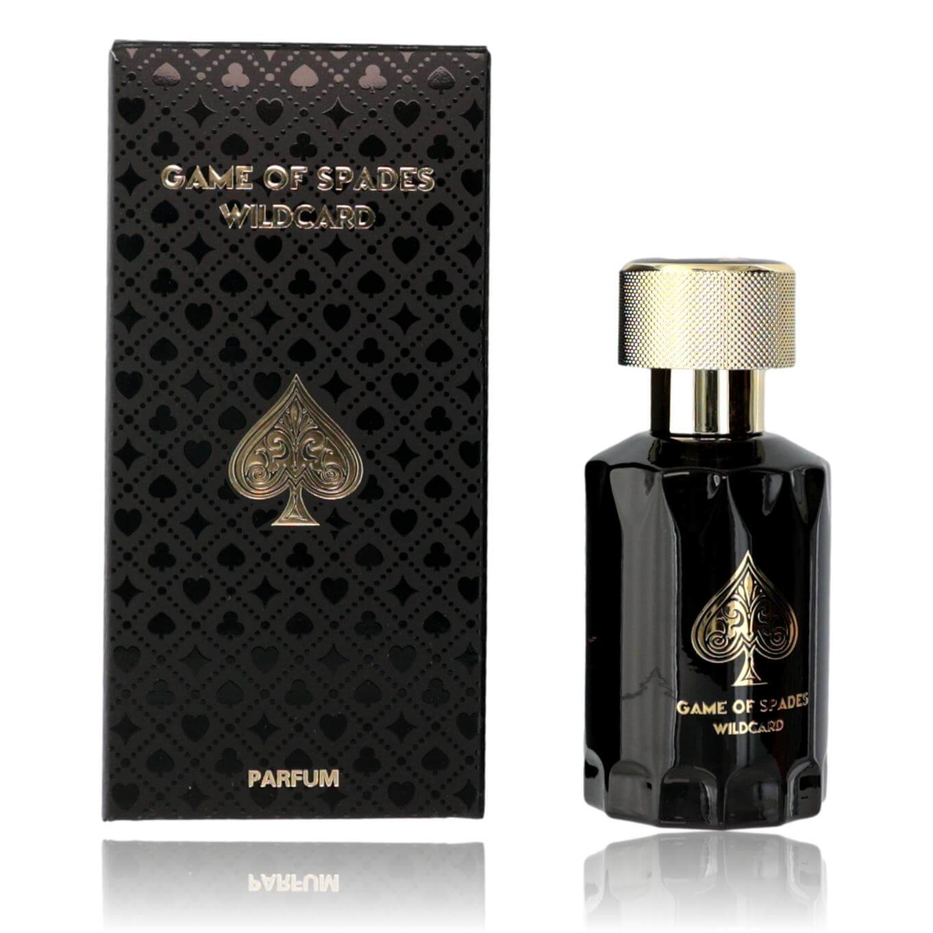 Parfum spray bottle with gold cap and spade emblem; included boxed set