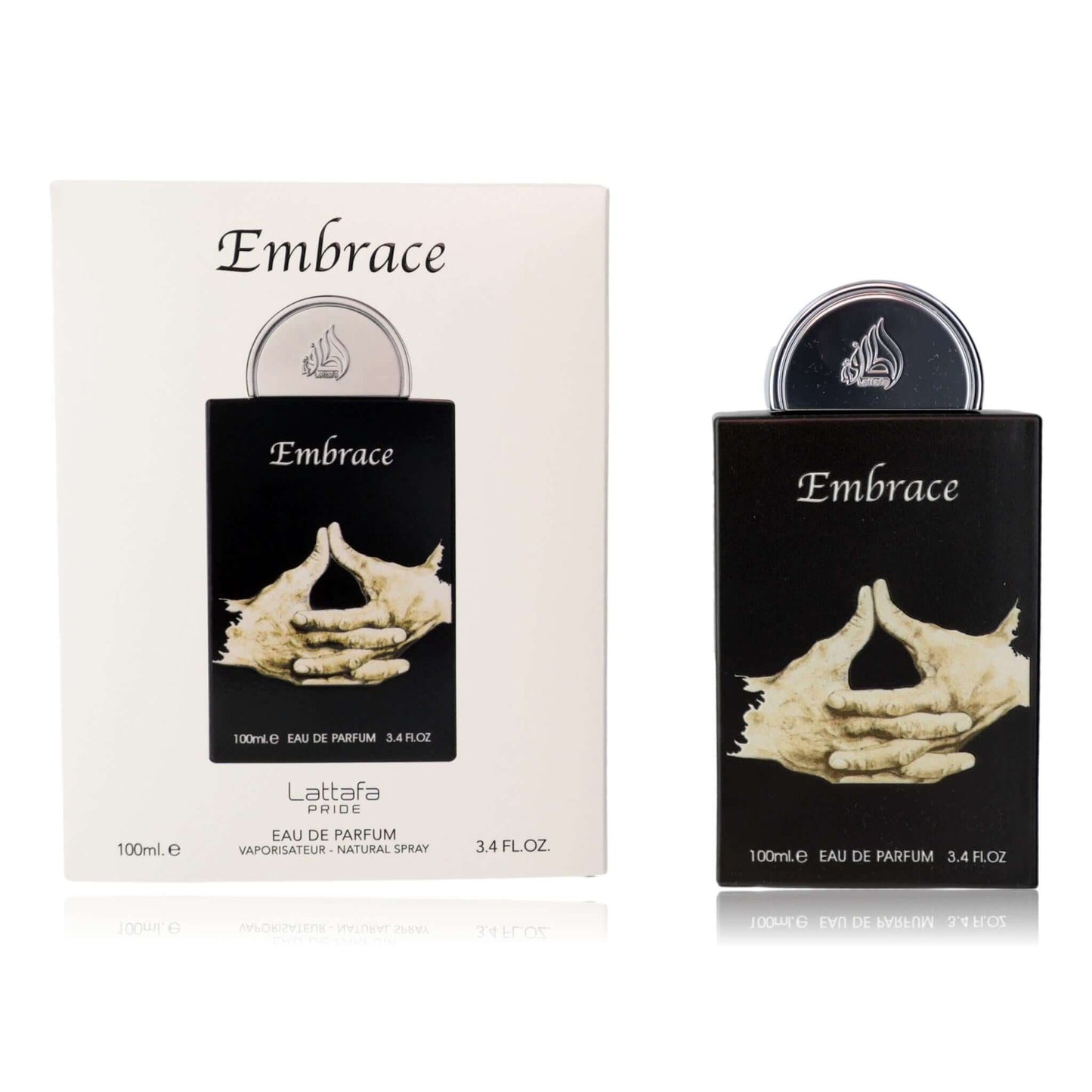 Embrace by Lattafa unisex EDP perfume set with light box and dark bottle