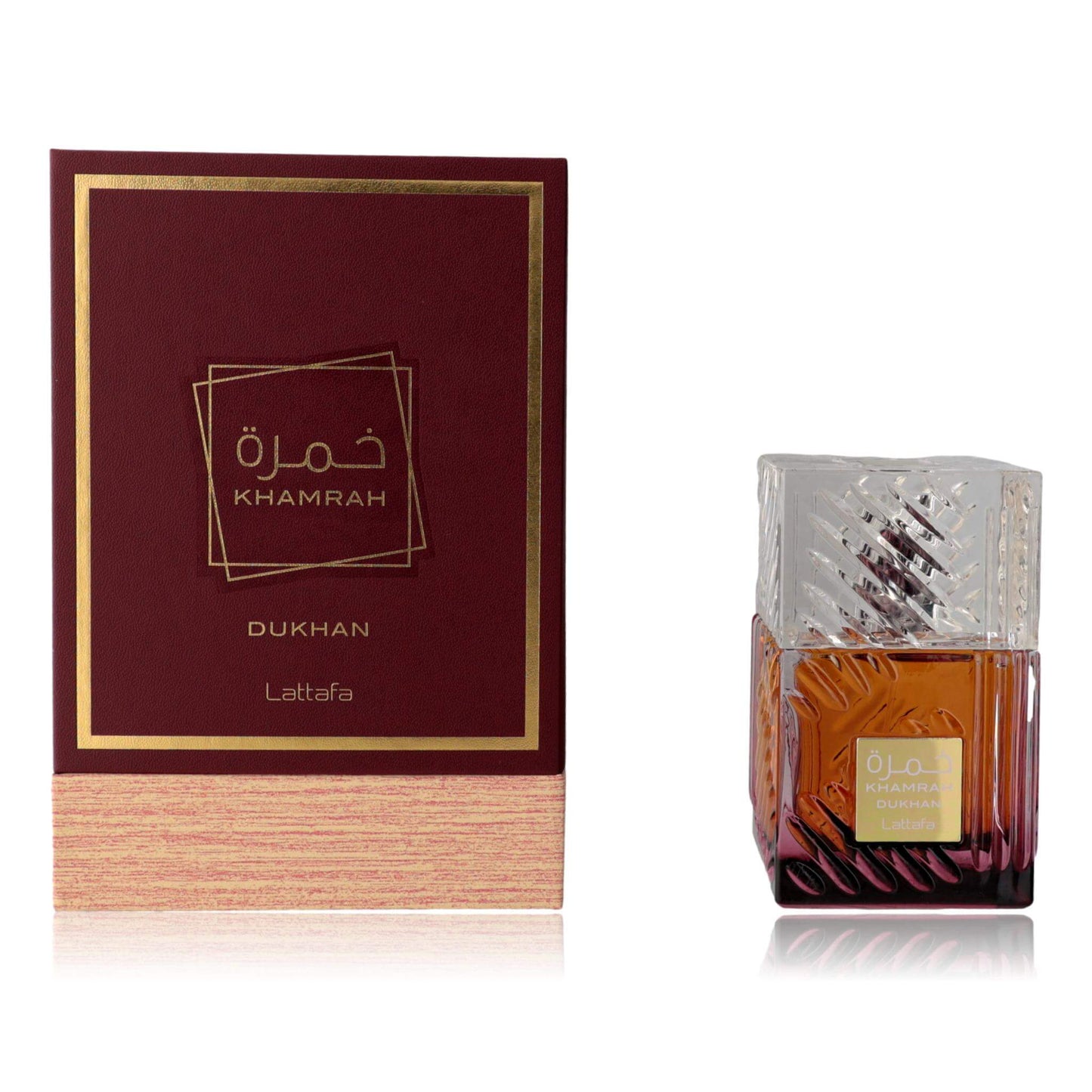 Perfume EDP spray set with maroon gift box and clear bottle, gold label.