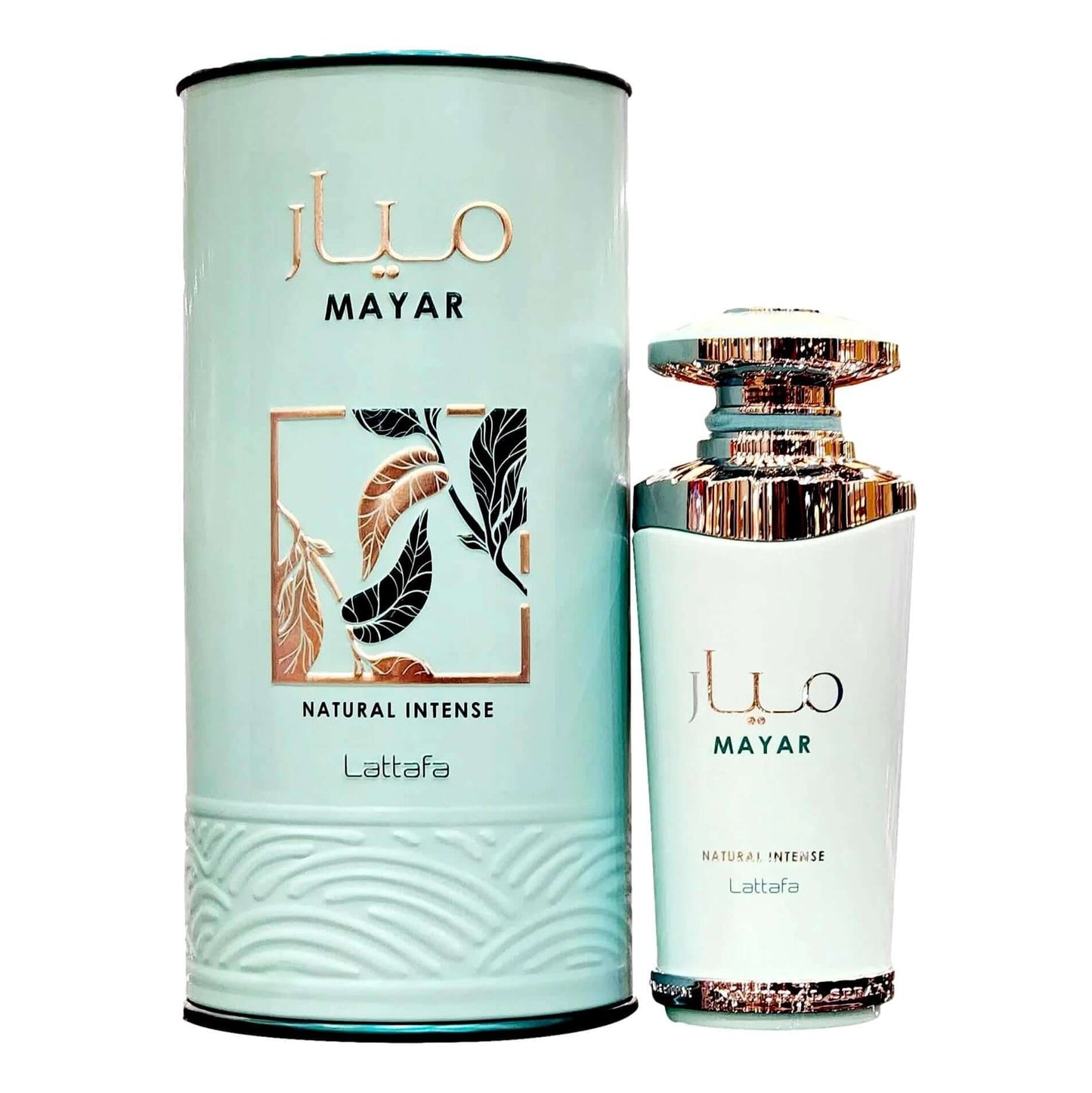 Mayar Natural Intense perfume set: light aqua cylindrical can and spray bottle