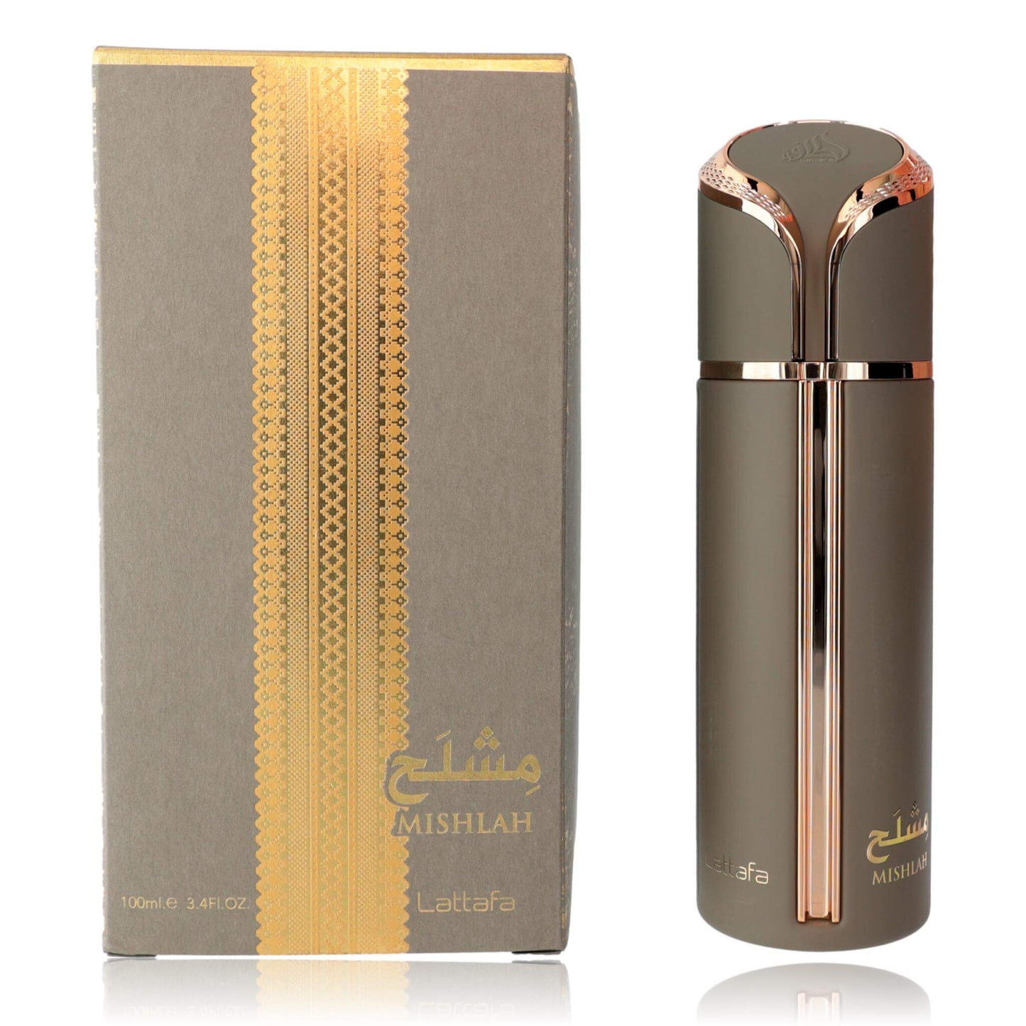 Mishlah by Lattafa, 3.4 oz EDP Spray for Unisex in elegant packaging featuring gold and brown design.