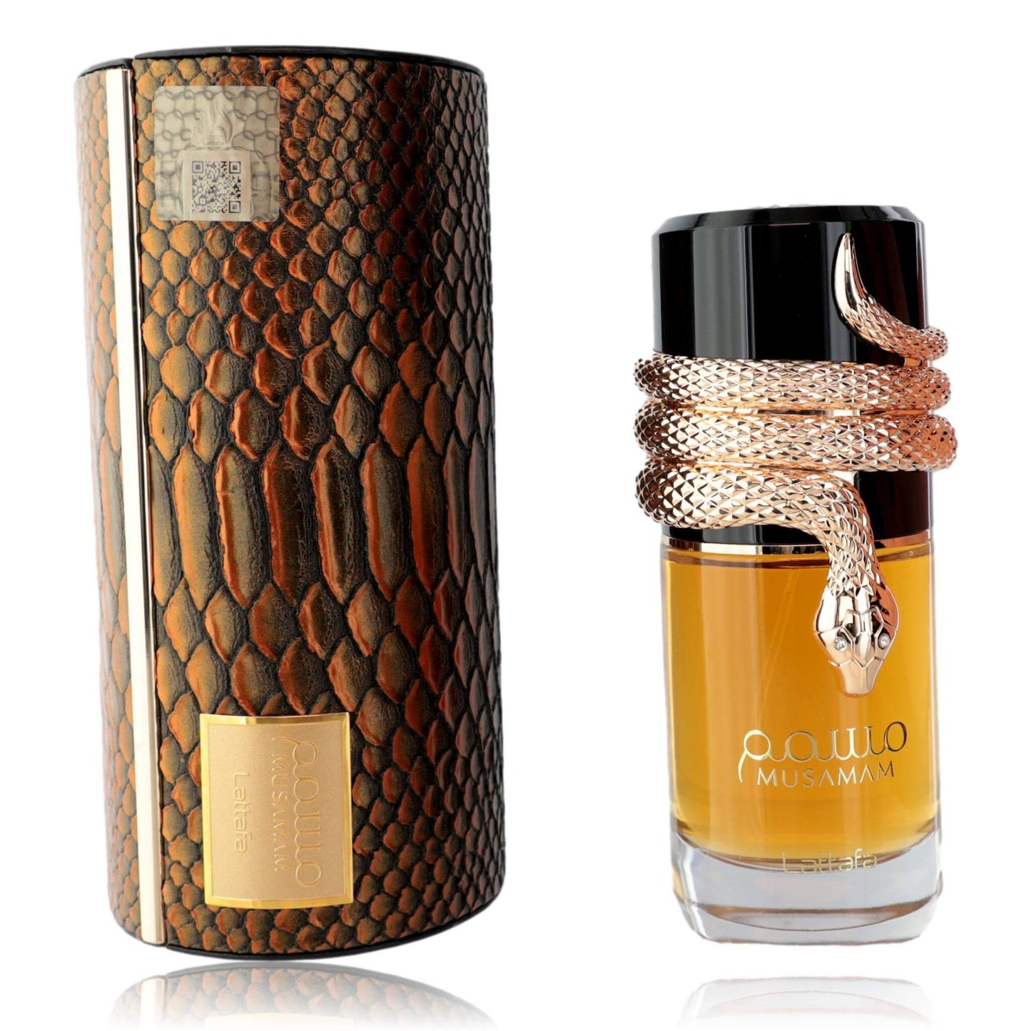 Unisex EDP spray bottle set: amber liquid, black cap, and metallic snake-skin tube