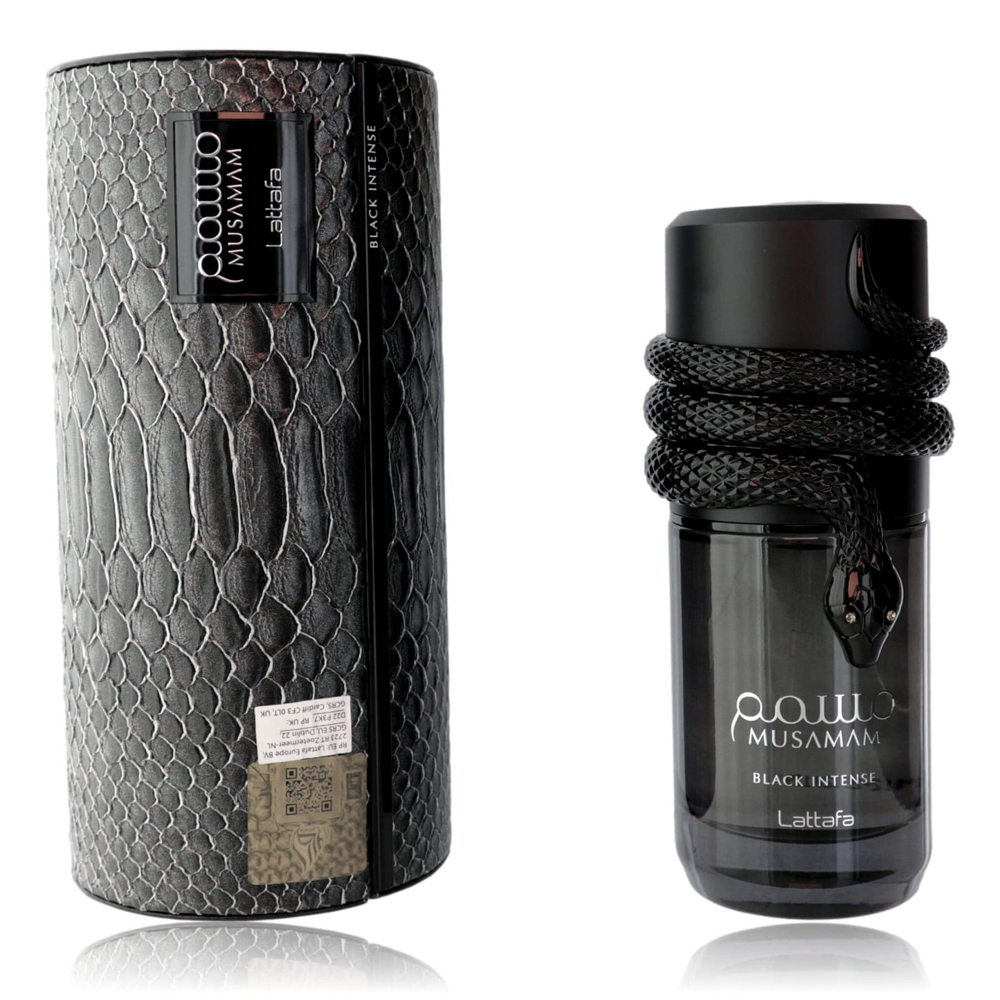Black perfume EDP spray bottle with textured outer sleeve and glass sprayer