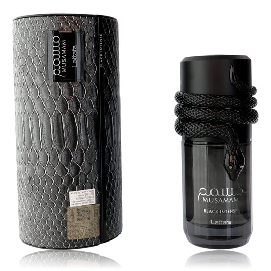 Musamam Black Intense by Lattafa, 3.4 oz EDP Spray for Unisex in stylish packaging and bottle design.