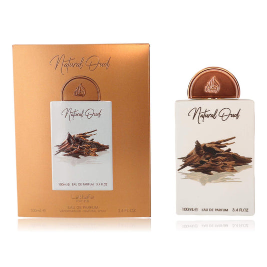 Natural Oud by Lattafa, 3.4 oz EDP Spray for Unisex includes a bottle and elegant packaging.