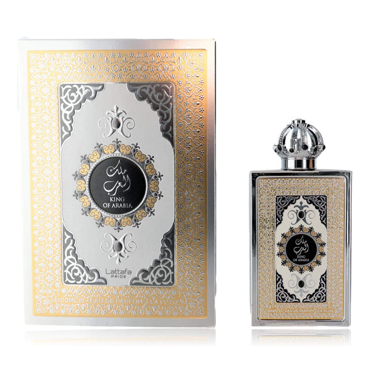 Pride King of Arabia by Lattafa, 3.4 oz EDP Spray for Unisex packaging and bottle design.