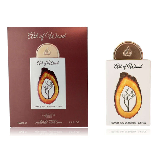 Art of Wood by Lattafa, 3.4 oz EDP Spray for Unisex in elegant packaging with artistic wood design.
