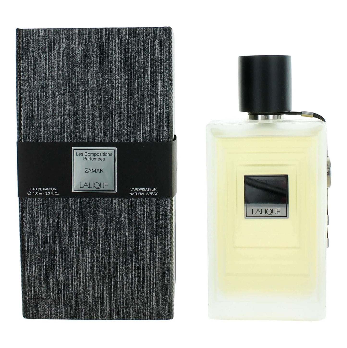 Lalique Zamak EDP spray bottle with square label and dark textured box