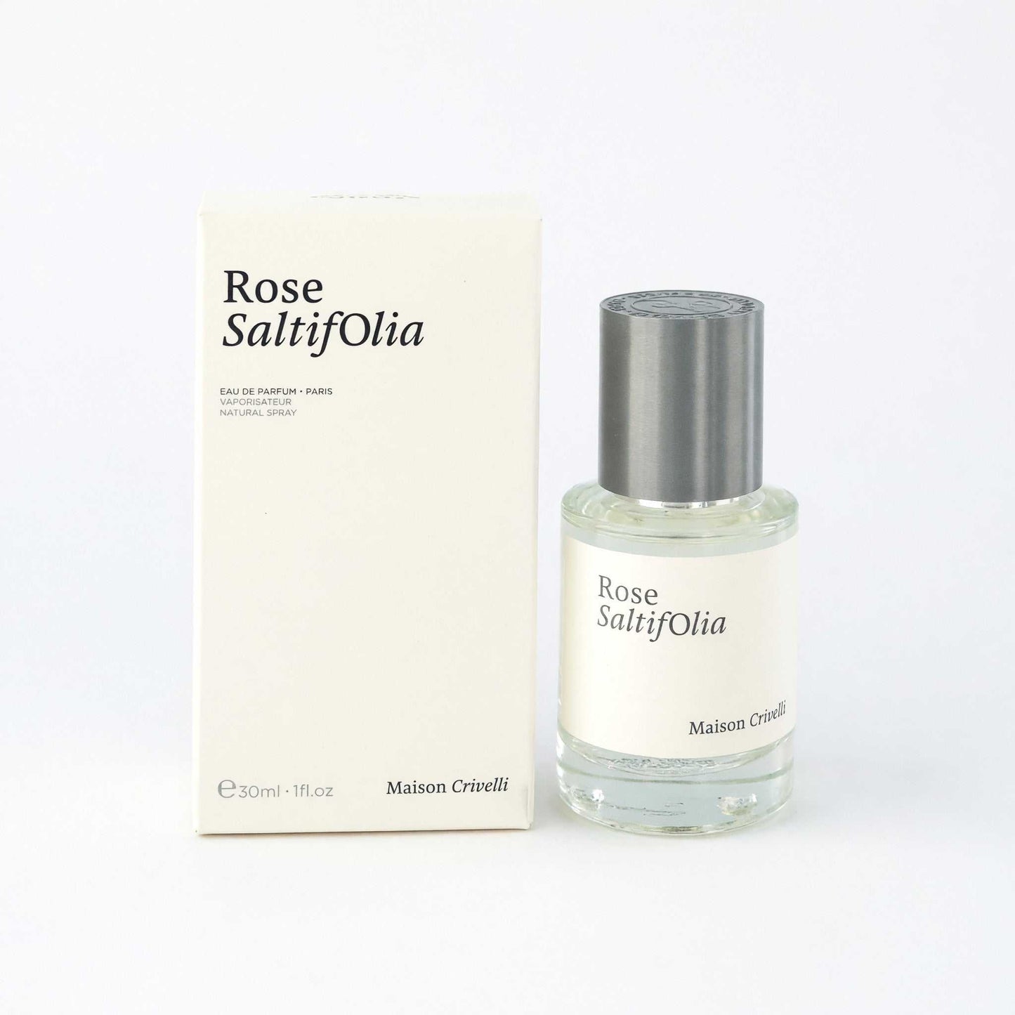 Rose Saltifolia Eau de Parfum spray by Maison Crivelli, clear bottle with silver cap and box