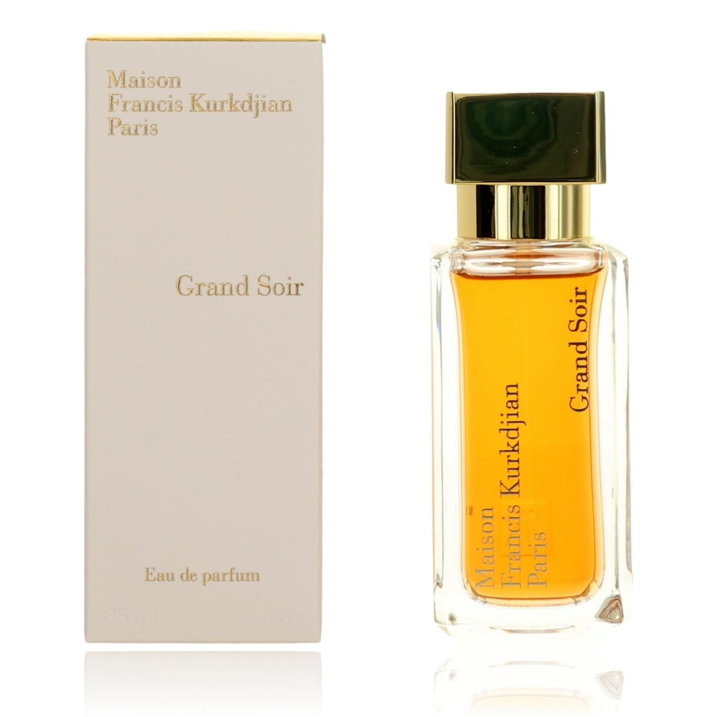 Eau de parfum spray bottle with box, amber liquid, gold cap.