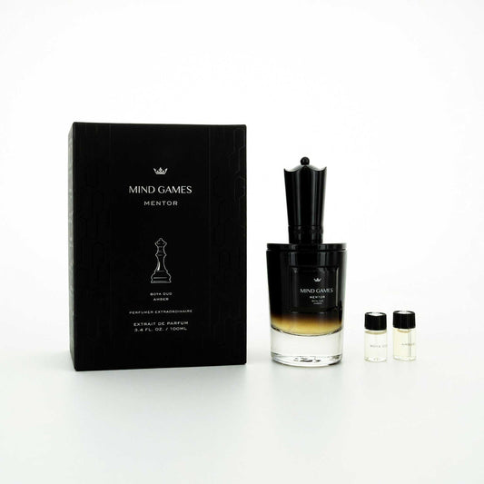 Unisex extrait de parfum spray set, black bottle with gold tint, box and mini vials