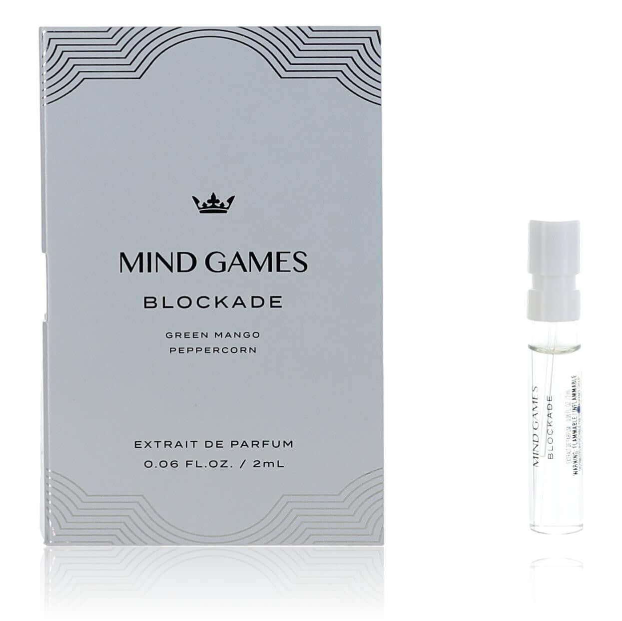 Mind Games Blockade extrait de parfum sample, glass vial with sprayer and box