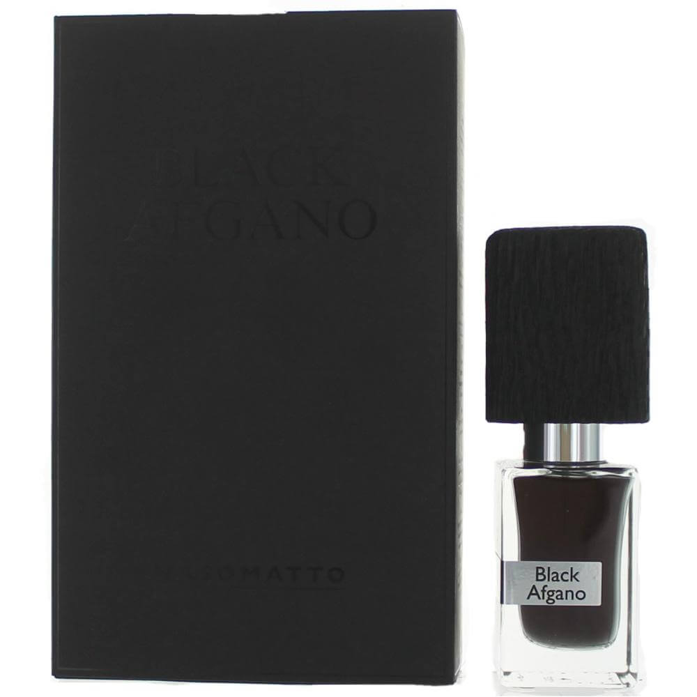 Nasomatto Black Afgano extrait de parfum spray bottle with dark presentation box