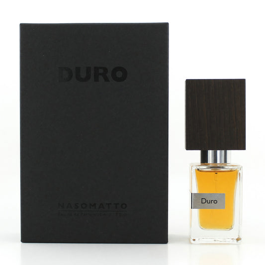 Duro extrait de parfum spray: black box and bottle with dark cap