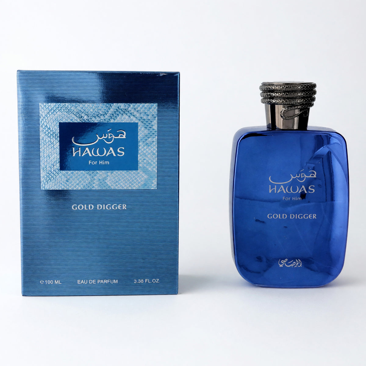 Men's Gold Digger EDP spray, blue glass bottle with cap and matching outer box
