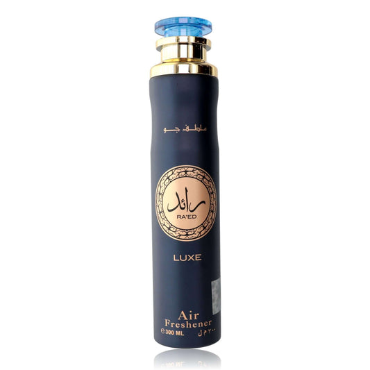 Ra'ed Luxe by Lattafa air freshener bottle, dark blue with gold cap and label