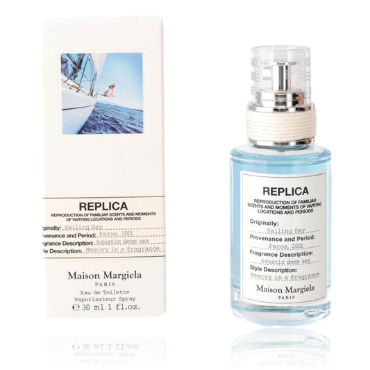 Replica Sailing Day by Maison Margiela, 1 oz EDT Spray for Unisex in original packaging with perfume bottle.