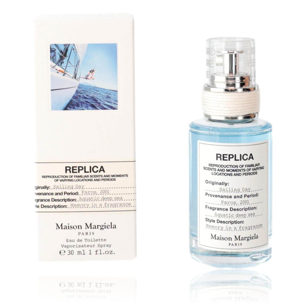 Replica Sailing Day by Maison Margiela, 1 oz EDT Spray for Unisex in original packaging with perfume bottle.
