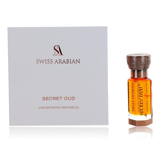 Swiss Arabian Secret Oud concentrated perfume oil bottle with decorative cap and box