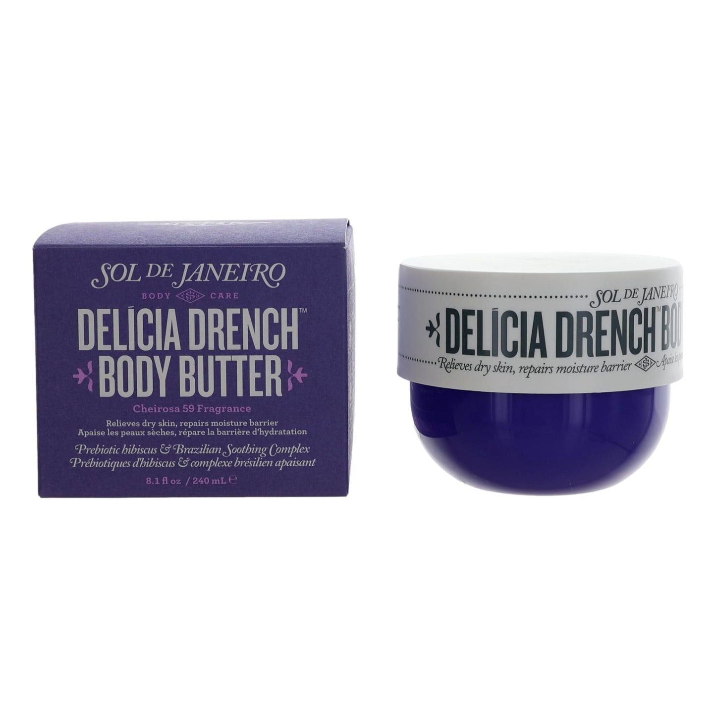 Sol de Janeiro Delicia Drench body butter jar and purple box, 8 oz