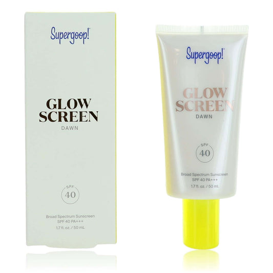 Glow Screen Dawn SPF 40 sunscreen tube with yellow cap and matching box