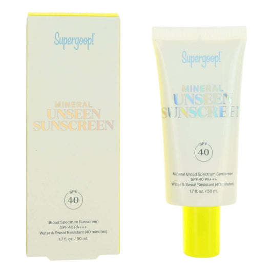Mineral sunscreen SPF 40 tube and carton, pale yellow with Supergoop logo