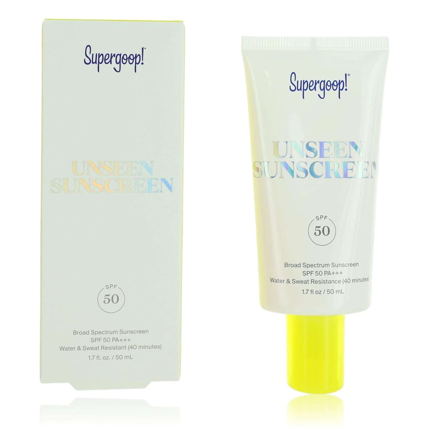 Unseen Sunscreen SPF 50 tube with matching box from Supergoop, 1.7 oz