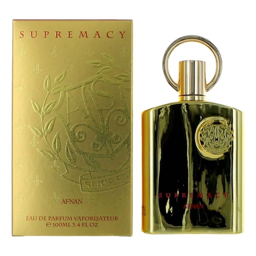 Gold Afnan Supremacy Gold EDP spray bottle and box, 100 mL, metallic cap