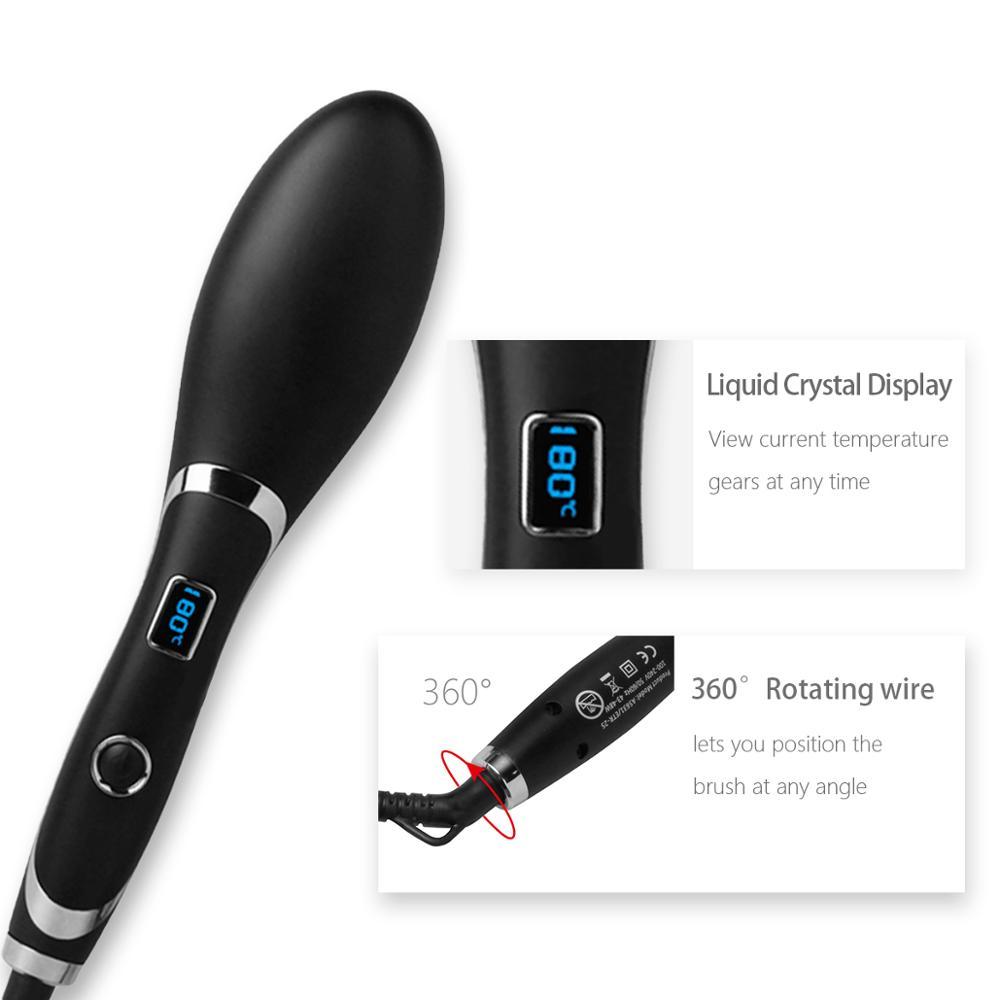 Black hair straightening brush with digital display on a white background